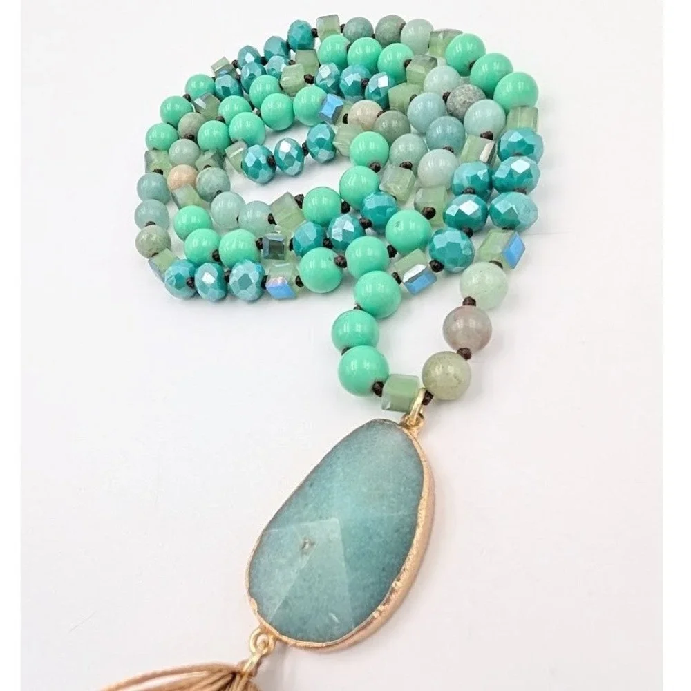 Boho Statement Necklace Lot Set of 3 Turquoise Color Bead Tassel Peacock Pendant